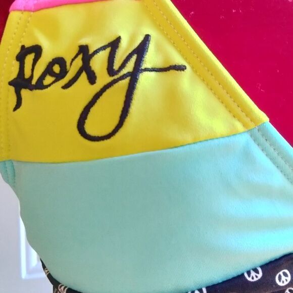 Roxy Bathing Suit Top TOP ONLY Size M Pink Black Yellow Turquoise - Picture 3 of 9